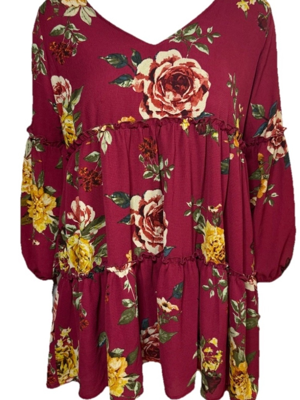 Women's red floral v-neck long sleeve dress Peace Love Cake size medium